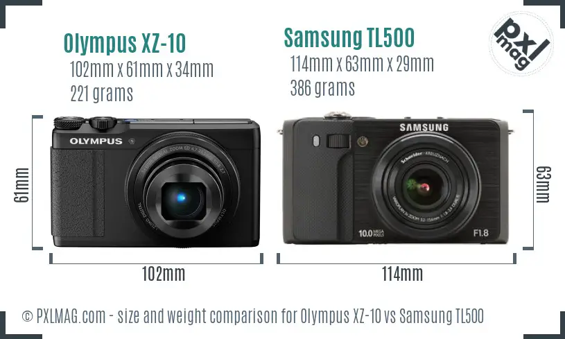 Olympus XZ-10 vs Samsung TL500 size comparison