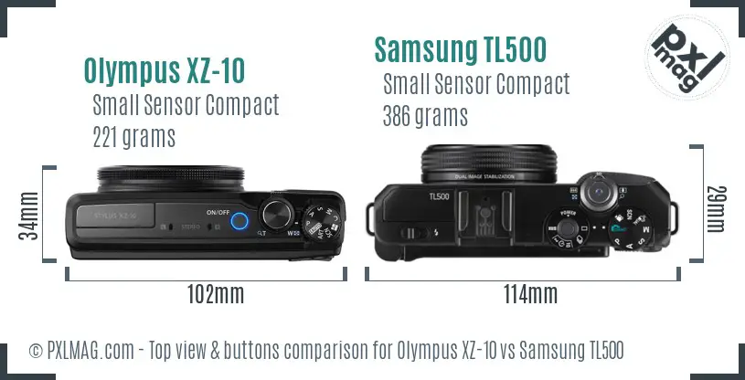 Olympus XZ-10 vs Samsung TL500 top view buttons comparison