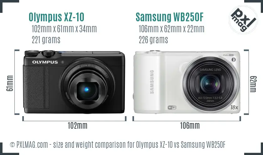 Olympus XZ-10 vs Samsung WB250F size comparison