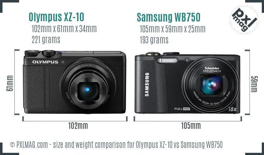 Olympus XZ-10 vs Samsung WB750 size comparison