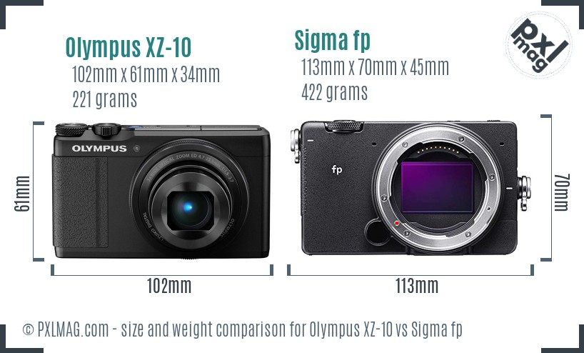 Olympus XZ-10 vs Sigma fp size comparison