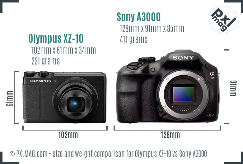 Olympus XZ-10 vs Sony A3000 size comparison