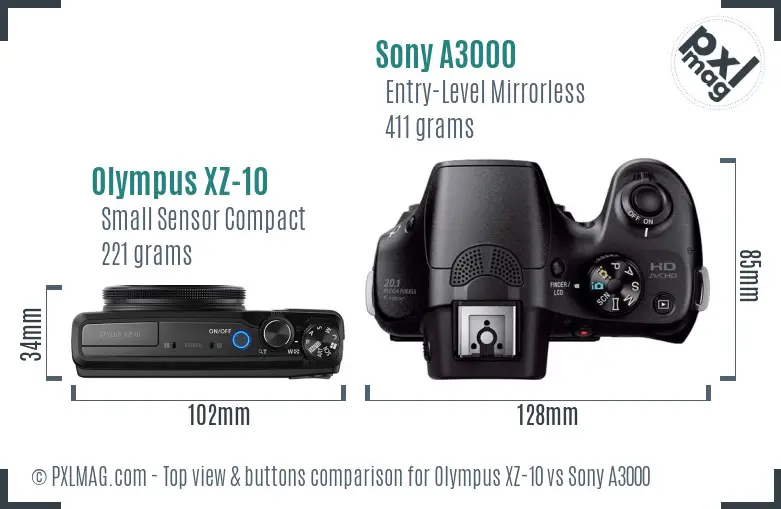Olympus XZ-10 vs Sony A3000 top view buttons comparison
