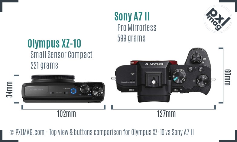 Olympus XZ-10 vs Sony A7 II top view buttons comparison