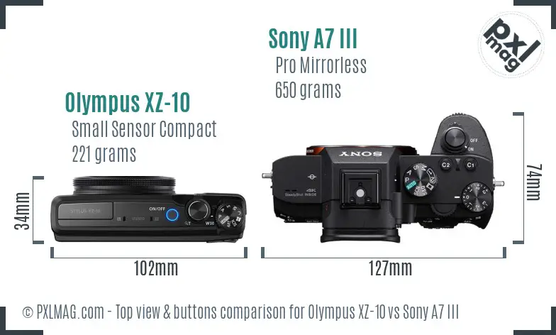 Olympus XZ-10 vs Sony A7 III top view buttons comparison