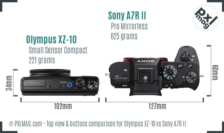 Olympus XZ-10 vs Sony A7R II top view buttons comparison Olympus XZ-10 vs Sony A7R II top view buttons comparison