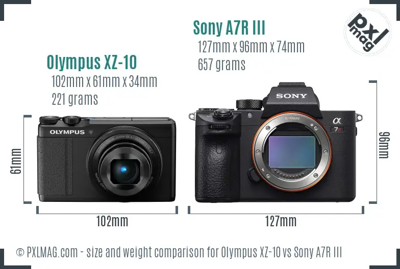 Olympus XZ-10 vs Sony A7R III size comparison