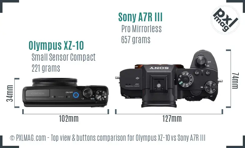 Olympus XZ-10 vs Sony A7R III top view buttons comparison