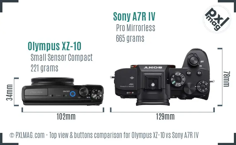 Olympus XZ-10 vs Sony A7R IV top view buttons comparison