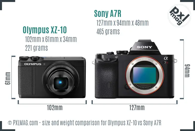 Olympus XZ-10 vs Sony A7R size comparison