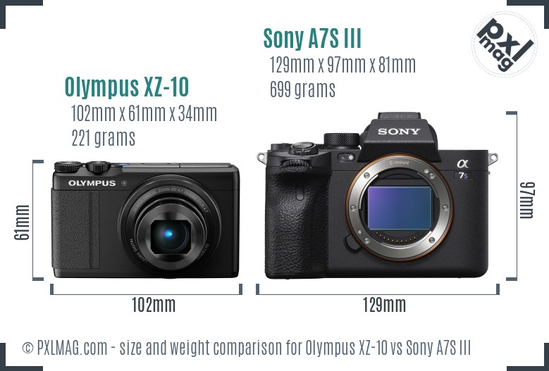 Olympus XZ-10 vs Sony A7S III size comparison