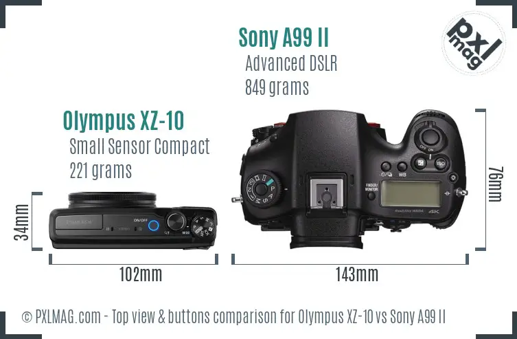 Olympus XZ-10 vs Sony A99 II top view buttons comparison