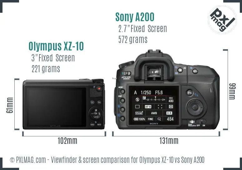 Olympus XZ-10 vs Sony A200 Screen and Viewfinder comparison