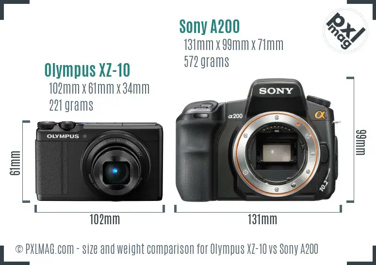 Olympus XZ-10 vs Sony A200 size comparison