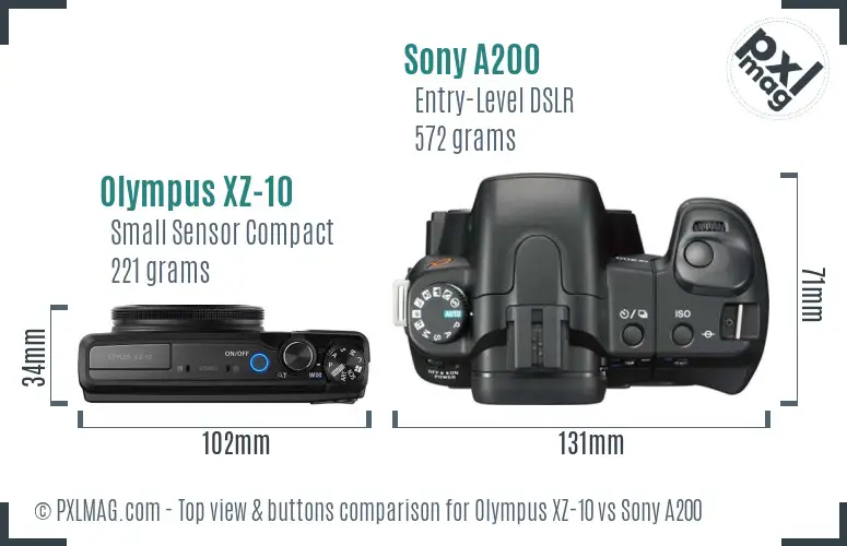 Olympus XZ-10 vs Sony A200 top view buttons comparison