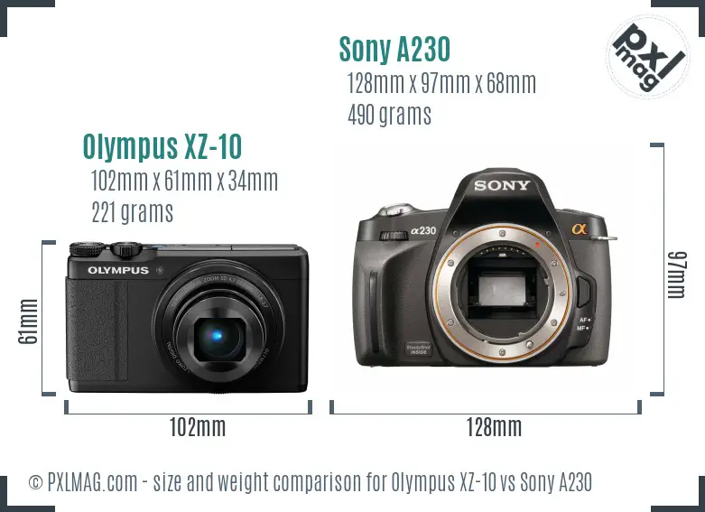 Olympus XZ-10 vs Sony A230 size comparison