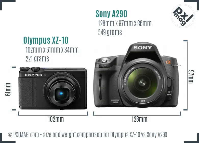 Olympus XZ-10 vs Sony A290 size comparison