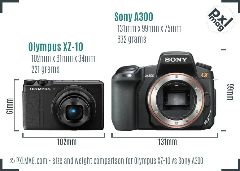 Olympus XZ-10 vs Sony A300 size comparison