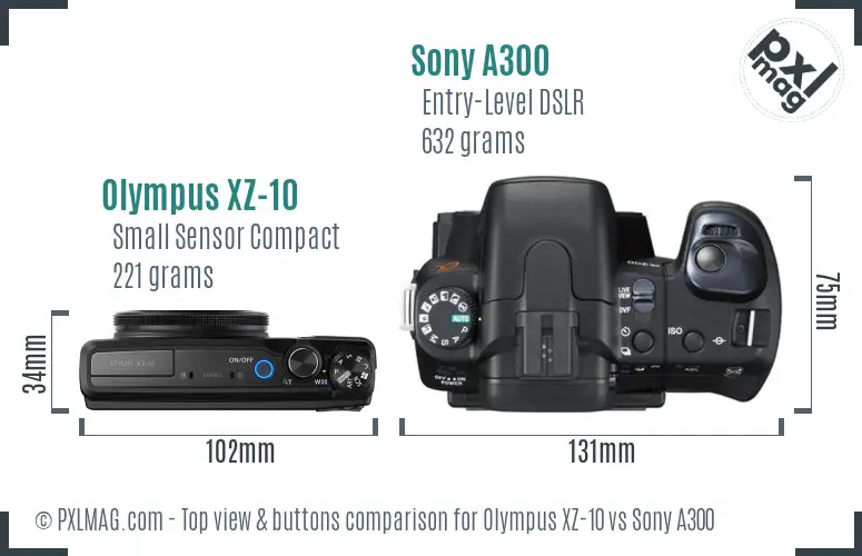 Olympus XZ-10 vs Sony A300 top view buttons comparison