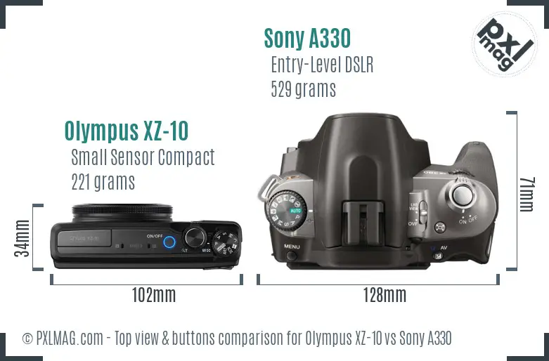 Olympus XZ-10 vs Sony A330 top view buttons comparison