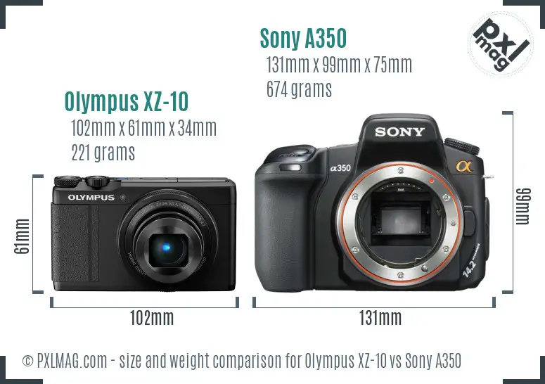 Olympus XZ-10 vs Sony A350 size comparison