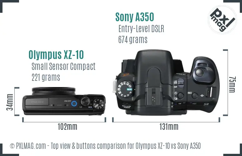 Olympus XZ-10 vs Sony A350 top view buttons comparison