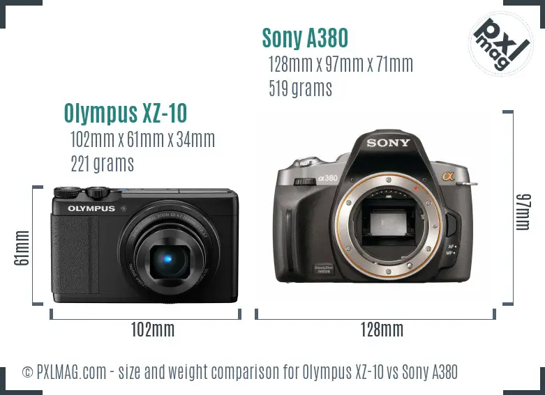 Olympus XZ-10 vs Sony A380 size comparison