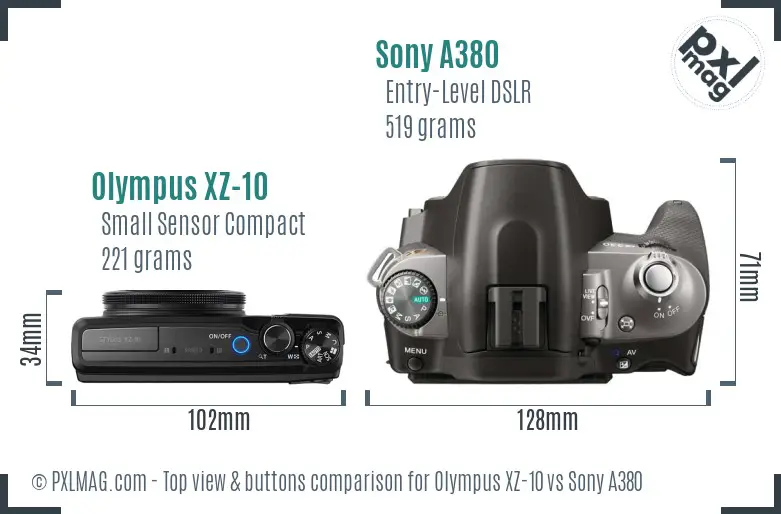 Olympus XZ-10 vs Sony A380 top view buttons comparison