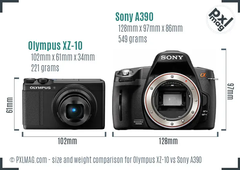 Olympus XZ-10 vs Sony A390 size comparison