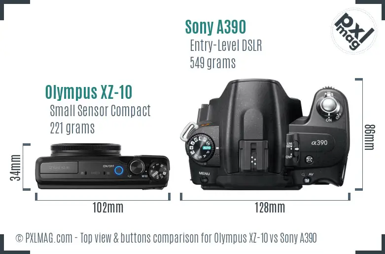 Olympus XZ-10 vs Sony A390 top view buttons comparison