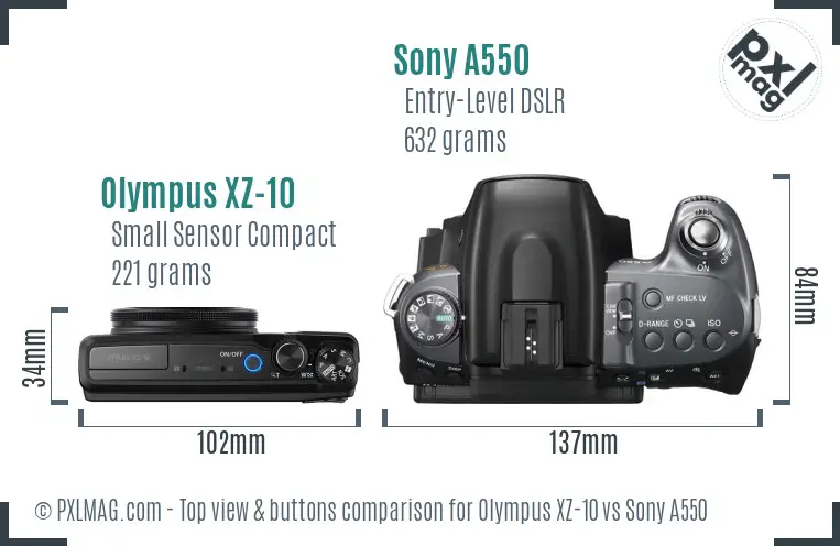 Olympus XZ-10 vs Sony A550 top view buttons comparison