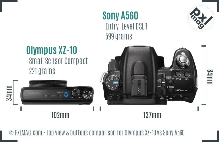Olympus XZ-10 vs Sony A560 top view buttons comparison