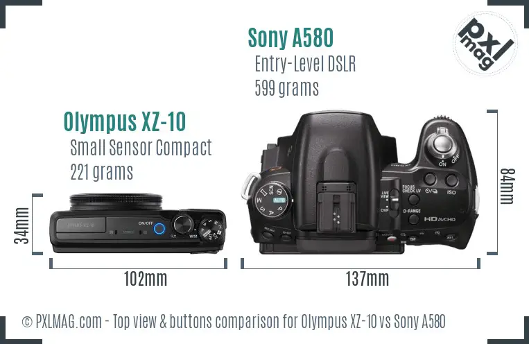 Olympus XZ-10 vs Sony A580 top view buttons comparison