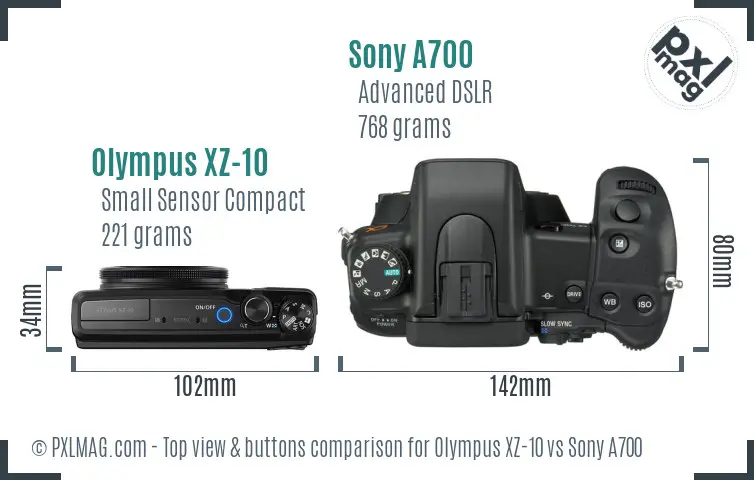 Olympus XZ-10 vs Sony A700 top view buttons comparison