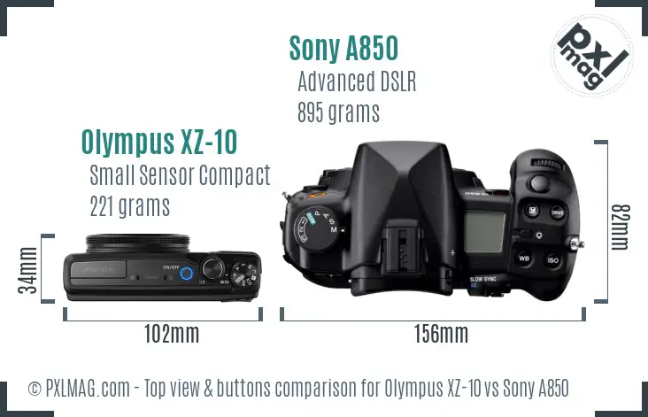 Olympus XZ-10 vs Sony A850 top view buttons comparison