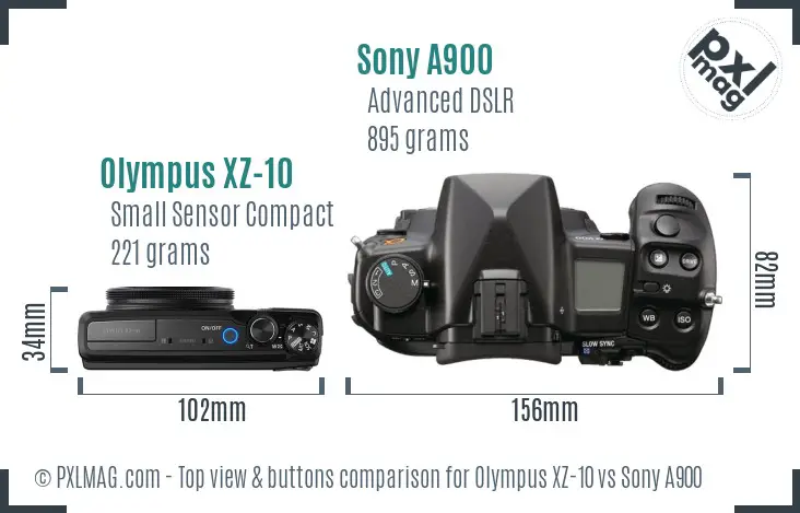 Olympus XZ-10 vs Sony A900 top view buttons comparison