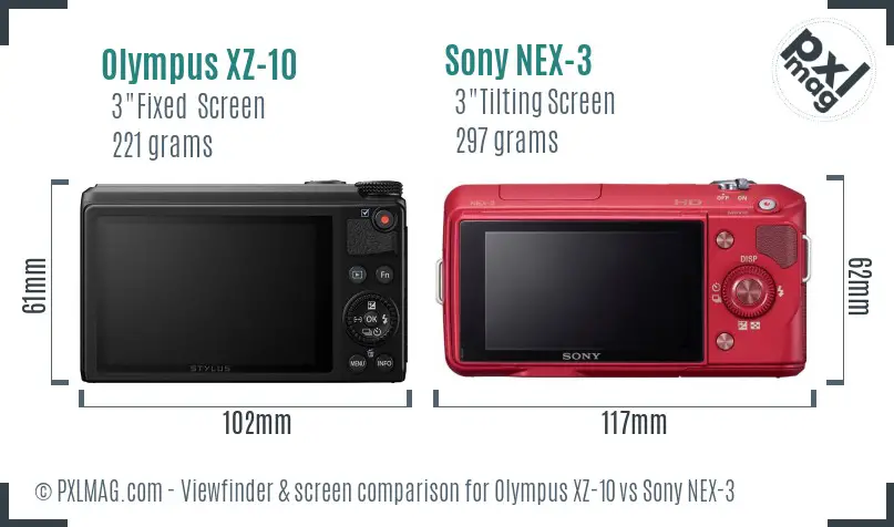 Olympus XZ-10 vs Sony NEX-3 Screen and Viewfinder comparison