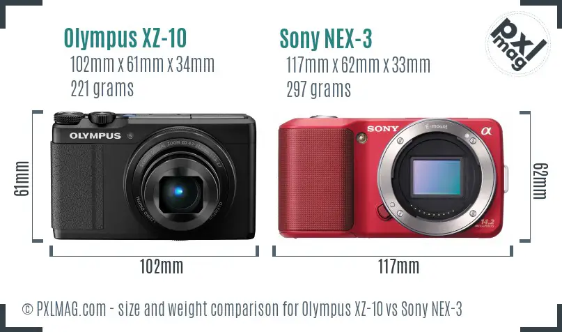 Olympus XZ-10 vs Sony NEX-3 size comparison
