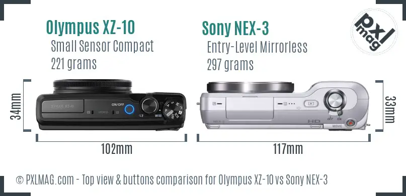 Olympus XZ-10 vs Sony NEX-3 top view buttons comparison