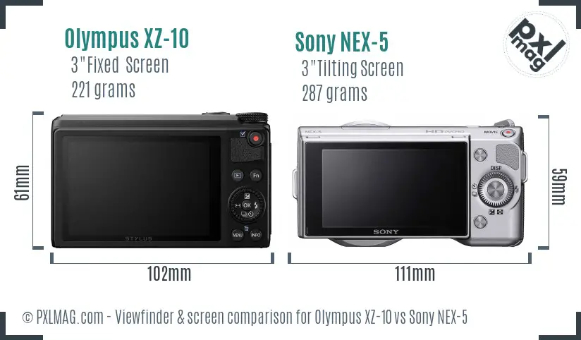 Olympus XZ-10 vs Sony NEX-5 Screen and Viewfinder comparison