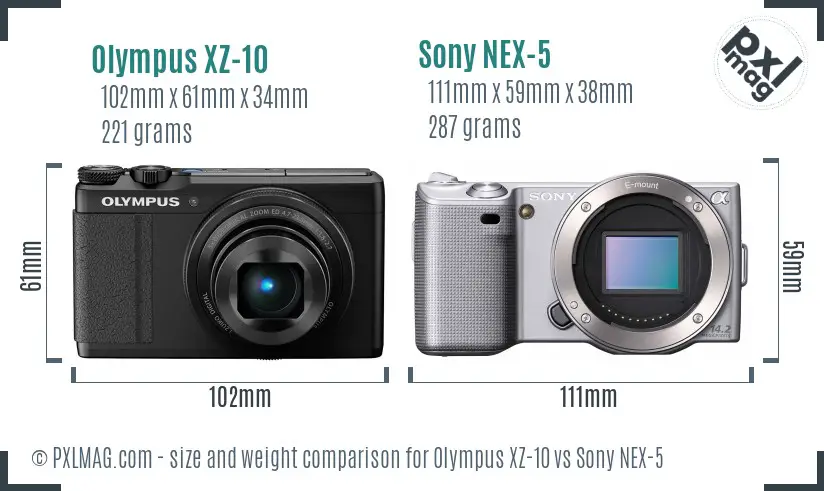 Olympus XZ-10 vs Sony NEX-5 size comparison