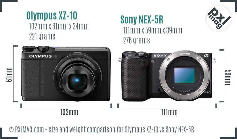 Olympus XZ-10 vs Sony NEX-5R size comparison