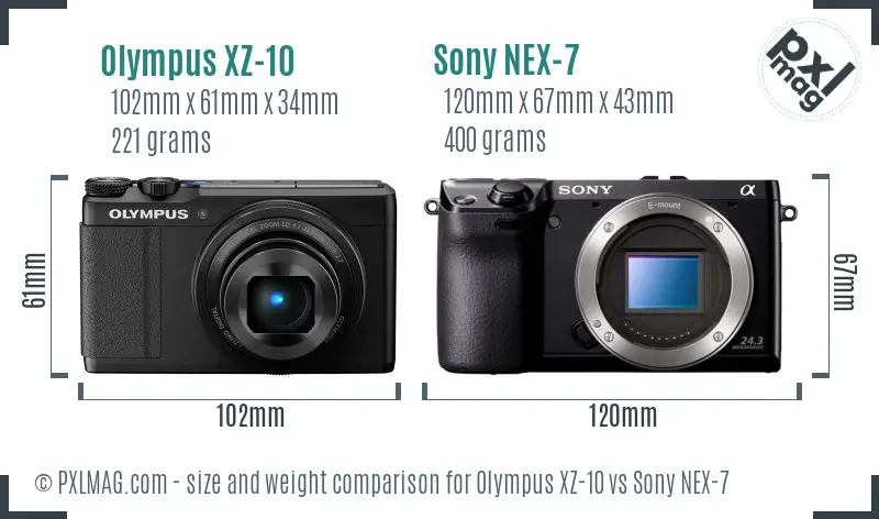 Olympus XZ-10 vs Sony NEX-7 size comparison