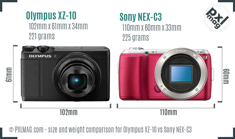 Olympus XZ-10 vs Sony NEX-C3 size comparison