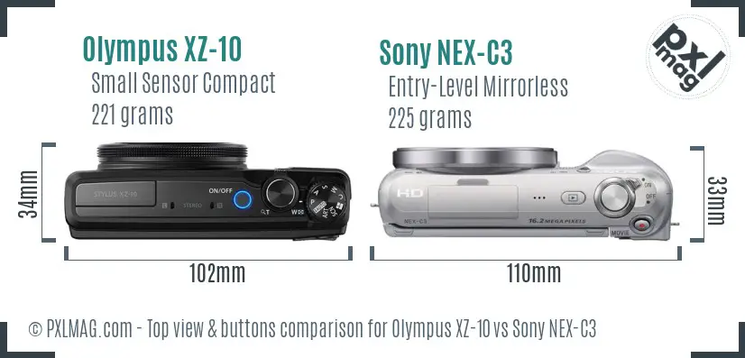 Olympus XZ-10 vs Sony NEX-C3 top view buttons comparison