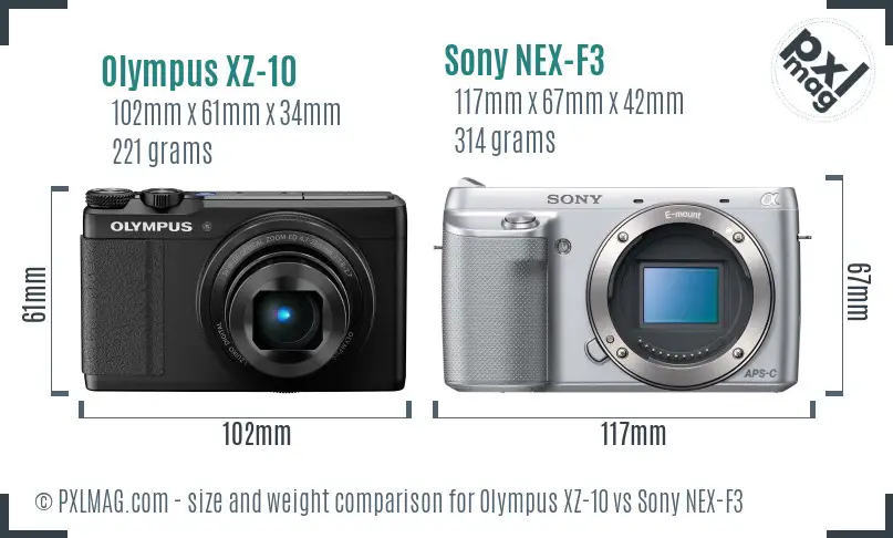 Olympus XZ-10 vs Sony NEX-F3 size comparison