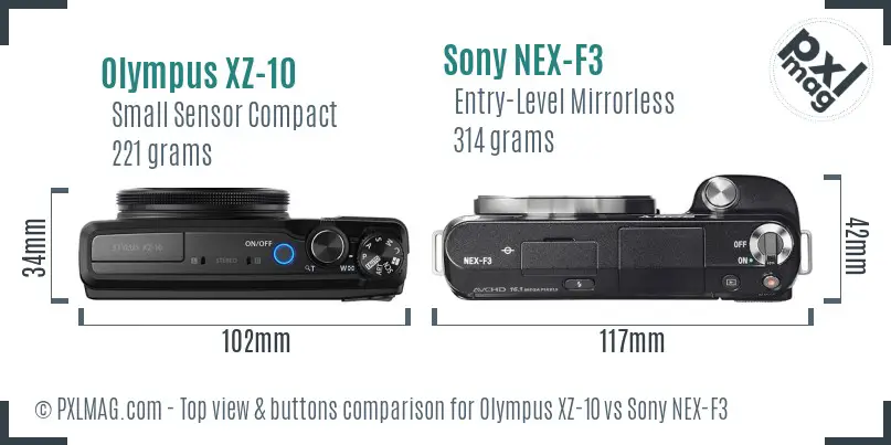 Olympus XZ-10 vs Sony NEX-F3 top view buttons comparison