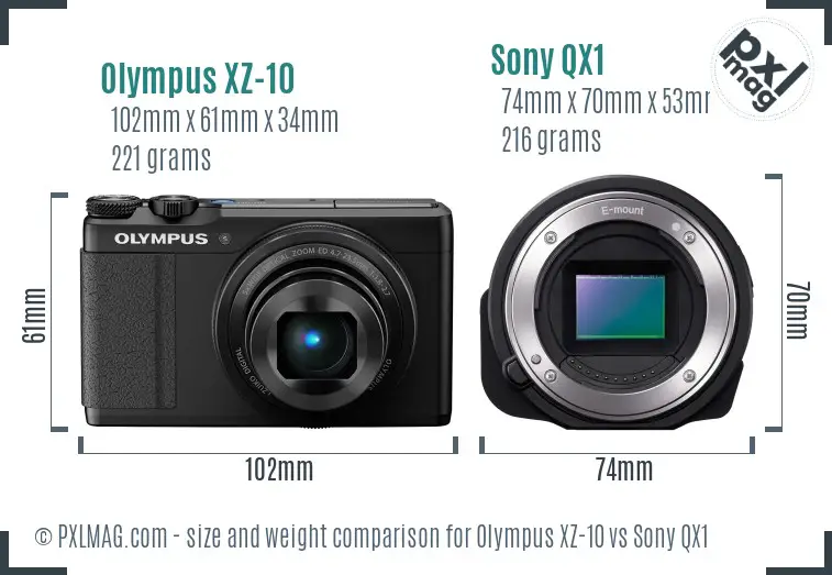Olympus XZ-10 vs Sony QX1 size comparison