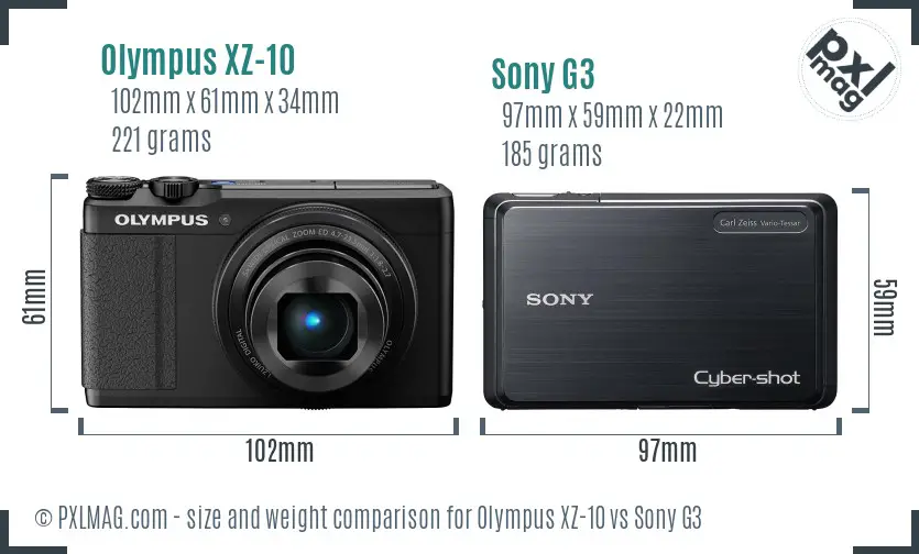 Olympus XZ-10 vs Sony G3 size comparison