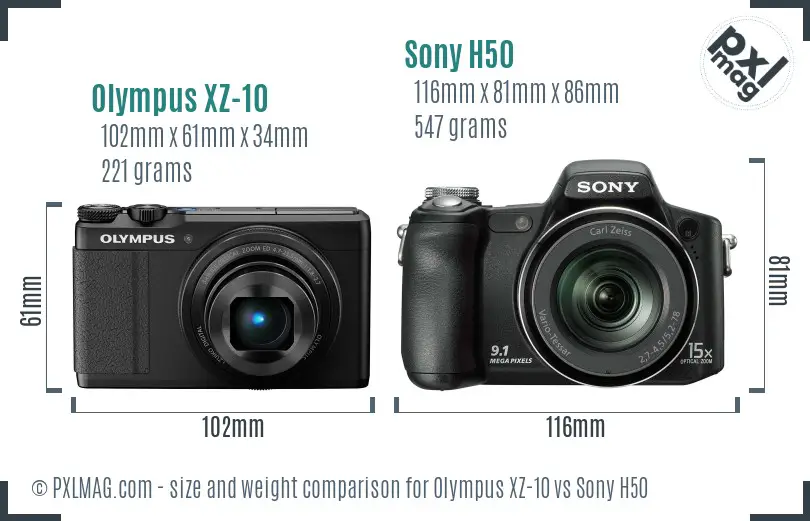 Olympus XZ-10 vs Sony H50 size comparison